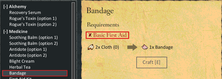 The Recipes window with Bandage selected: it needs only the Basic First Aid ability and 2 cloth, with no station
