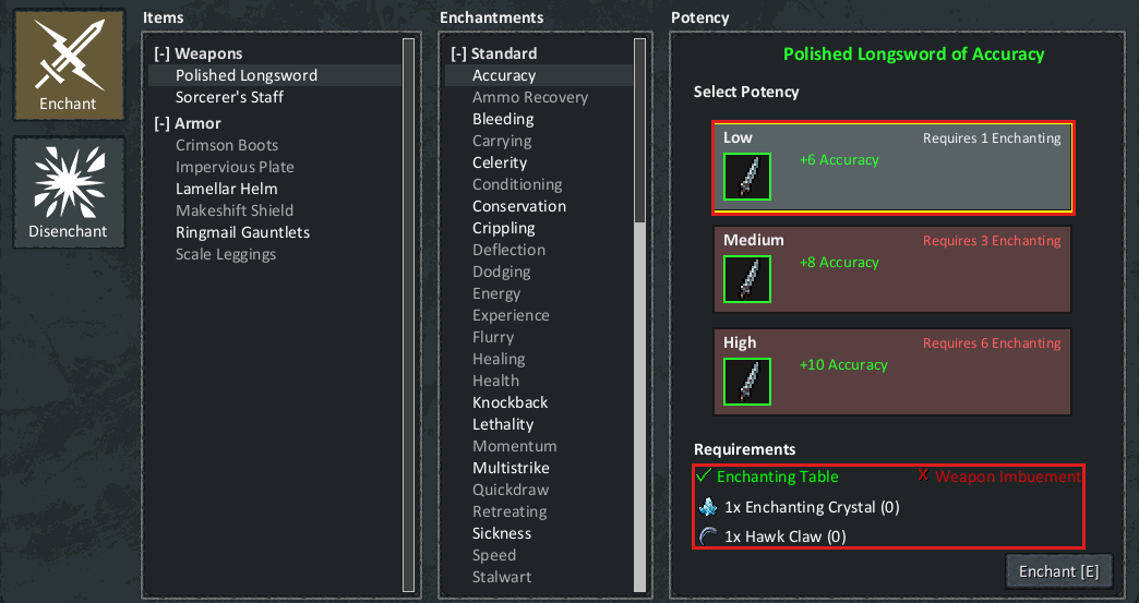 The Enchanting window: Polished Longsword with the Accuracy enchantment selected, three potency levels requiring Enchanting 1, 3 and 6, and the table, ability and ingredients needed
