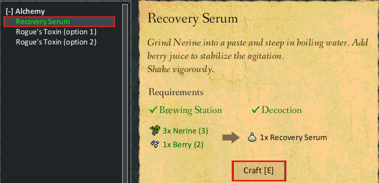 Recovery Serum with every requirement met: its name is green in the list and the Craft button is active