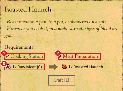 Roasted Haunch recipe: Cooking Station met, Meat Preparation ability missing, 1 Raw Meat needed with 0 in hand