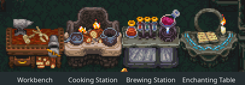 The four crafting stations side by side: Workbench, Cooking Station, Brewing Station and Enchanting Table
