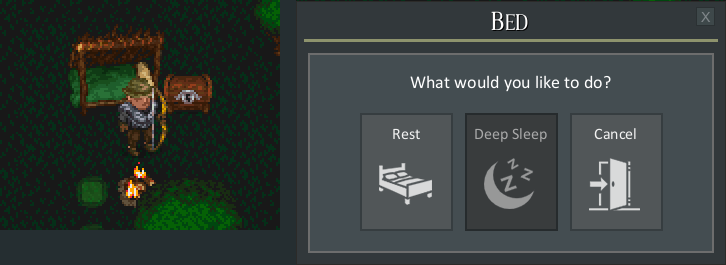 A campsite with a bed, chest and campfire, next to the Bed menu with Rest, Deep Sleep and Cancel