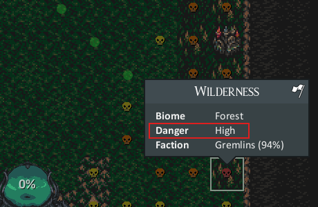 The wilderness danger overlay with colored skulls, and a forest tile's tooltip showing High danger