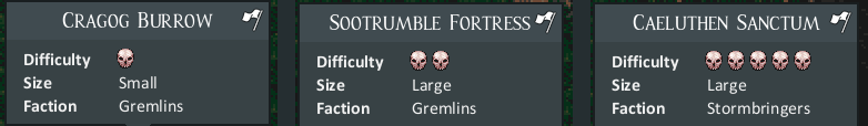 Three dungeon tooltips: Cragog Burrow with 1 skull, Sootrumble Fortress with 2 skulls, Caeluthen Sanctum with 5 skulls