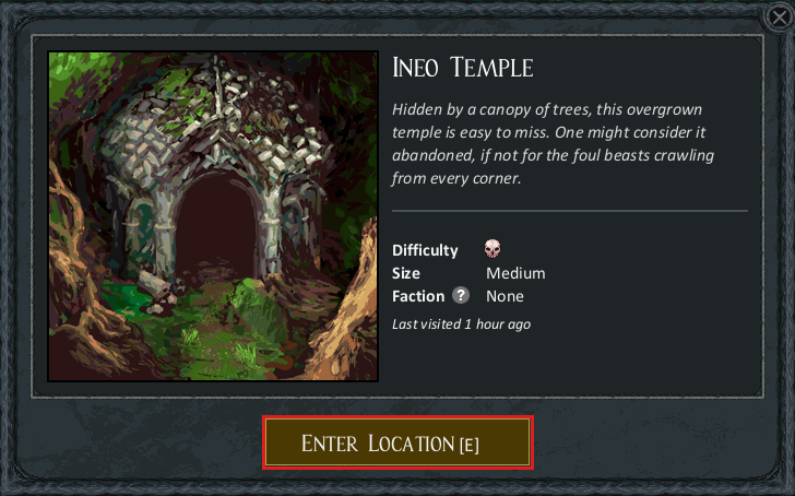 Location panel for Ineo Temple with its difficulty, size and faction, and the Enter Location button