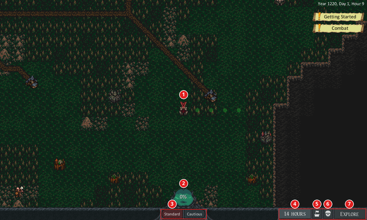 The overworld map with the player marker and the travel HUD numbered