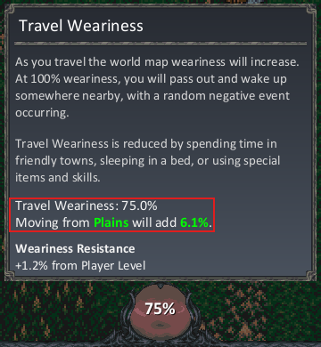 Travel Weariness tooltip at 75%, showing that moving from plains will add 6.1%