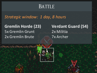 Battle tooltip showing a Gremlin Horde of 23 against a Verdant Guard force of 54, with a strategic window of 1 day, 8 hours