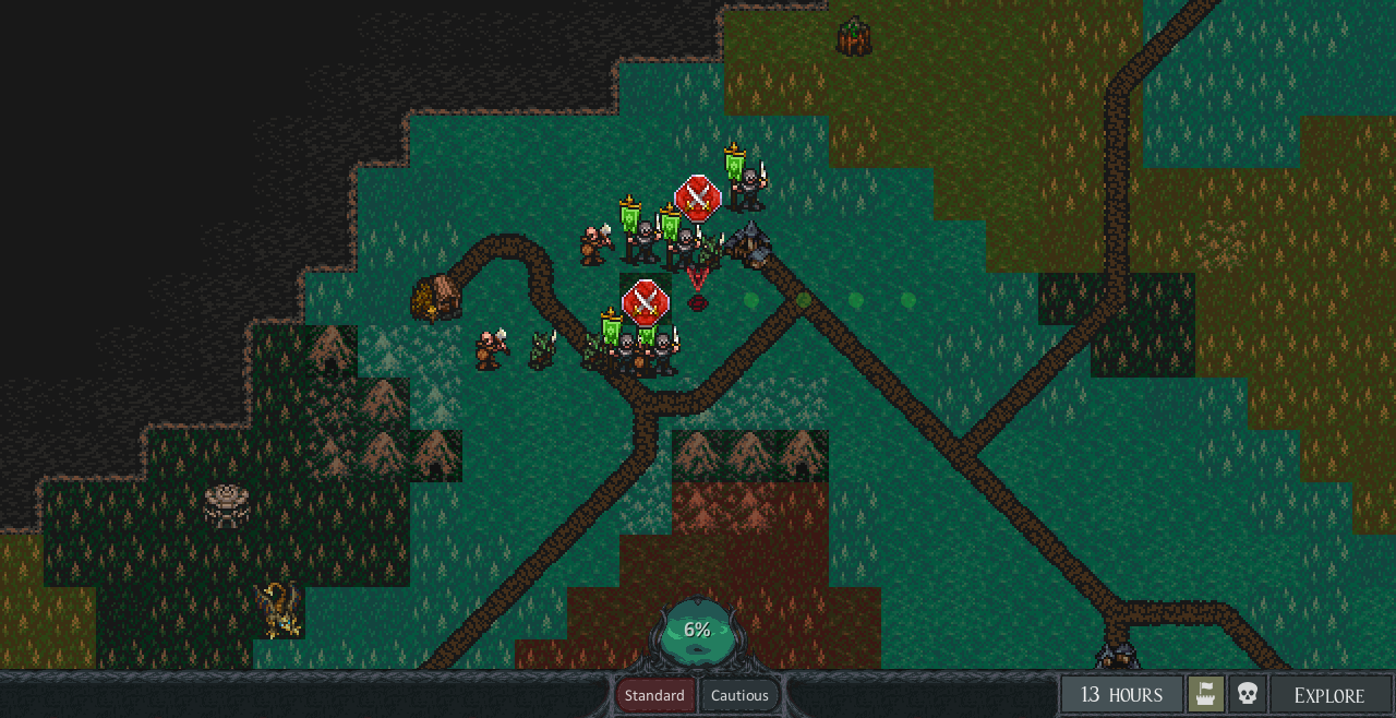 The overworld with the faction overlay on, each tile tinted by the faction that controls it, with Verdant Guard, gremlin and bandit armies and two battles