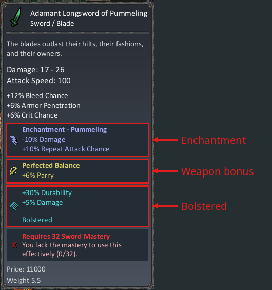 Adamant Longsword of Pummeling tooltip with its enchantment, weapon bonus and bolster marked