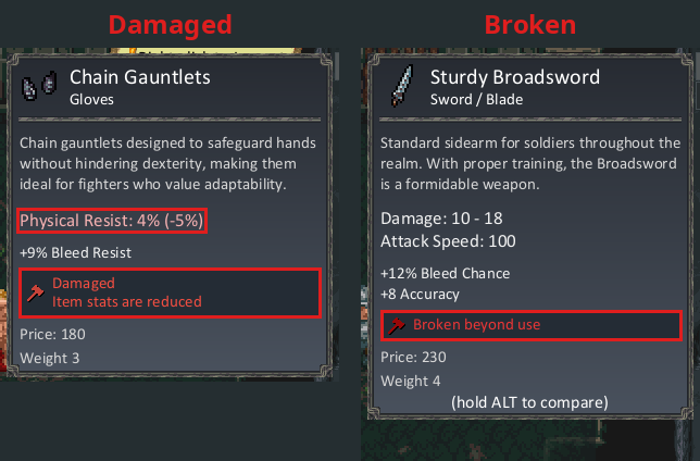 Damaged Chain Gauntlets showing Physical Resist 4% (-5%), next to a Sturdy Broadsword marked Broken beyond use