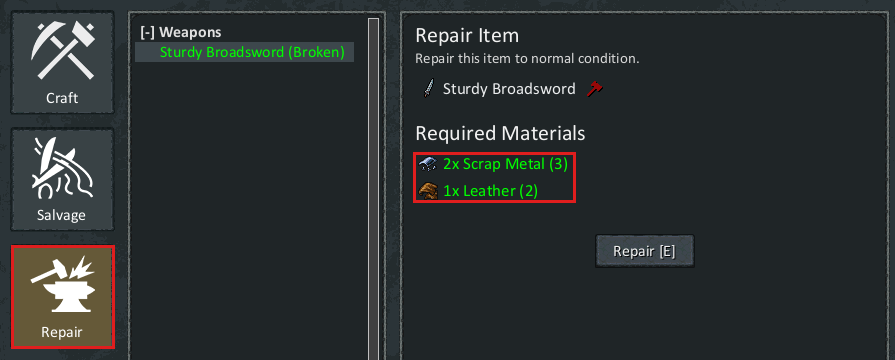 Workbench window with the Repair tab and the required materials marked
