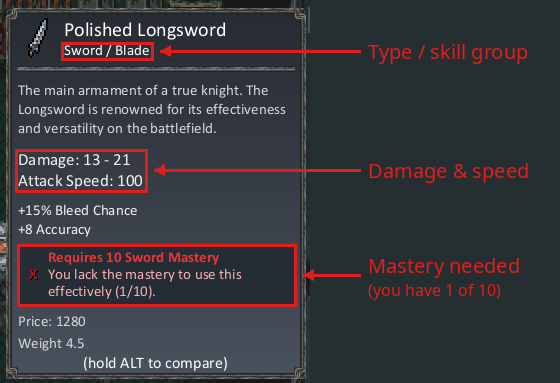 Weapon tooltip for a Polished Longsword with type, damage, speed and mastery requirement marked