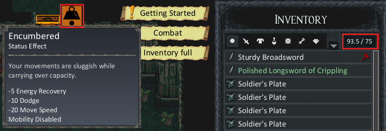 Encumbered status tooltip and the inventory weight counter showing 93.5 / 75