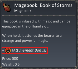Magebook: Book of Storms tooltip with its Tyros attunement bonus marked