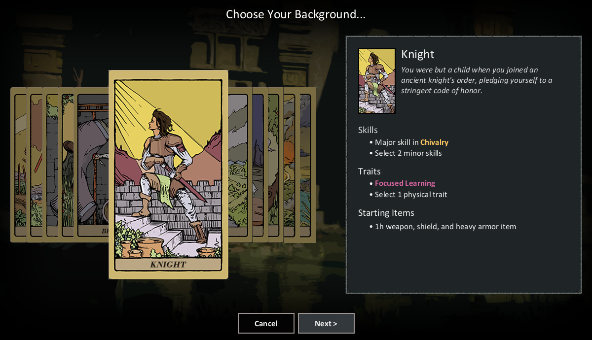 The Choose Your Background screen with the Knight card selected, showing its skills, traits and starting items