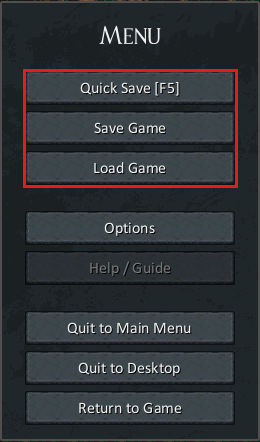 The game menu with Quick Save, Save Game and Load Game marked
