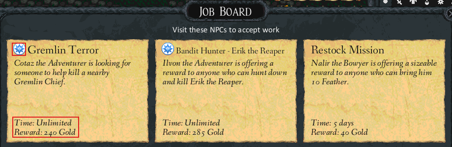 Nerton's job board with three jobs: Gremlin Terror, Bandit Hunter and Restock Mission, each with a time limit and gold reward