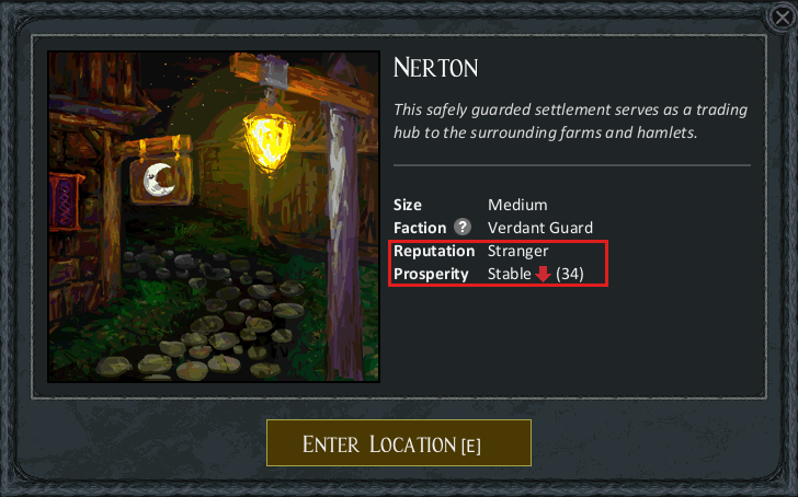 Location panel for Nerton showing size Medium, faction Verdant Guard, reputation Stranger and prosperity Stable (34)