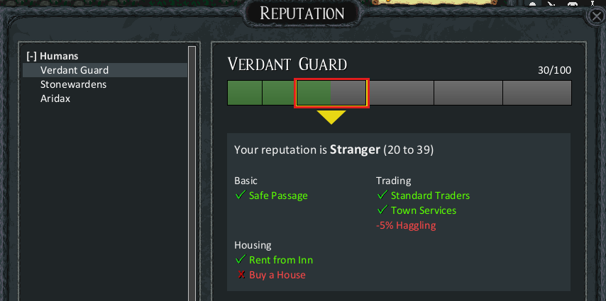 The Reputation pane for the Verdant Guard at 30 out of 100, Stranger, with the perks of that tier